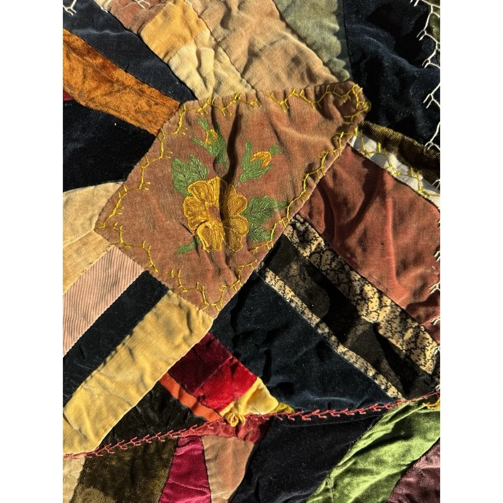 Antique Victorian Crazy Quilt Velvet Silk Hand Stitched‎ Painted 77x71 c1885
